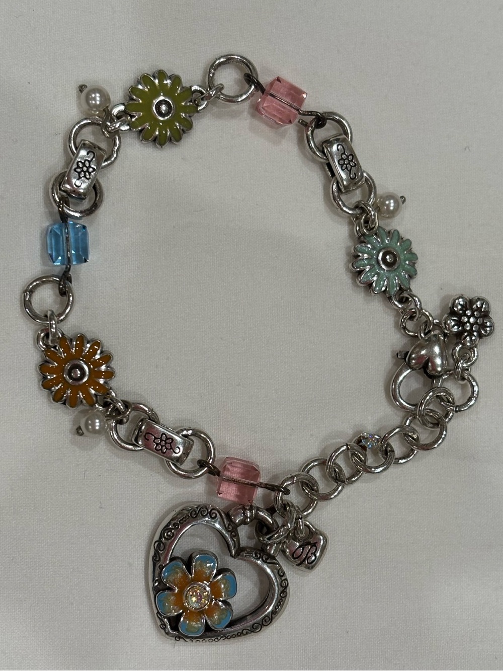 Brighton Silver Floral Heart Charm Bracelet with Multicolor Enamel Flowers